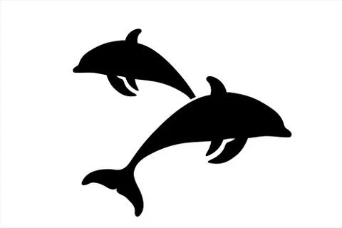 Vector silhouette of couple of jumping dolphins on white background. Symbol o Stock Illustration