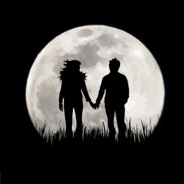 Vector silhouette of couple on moon background. Symbol of night. Ilustração Stock