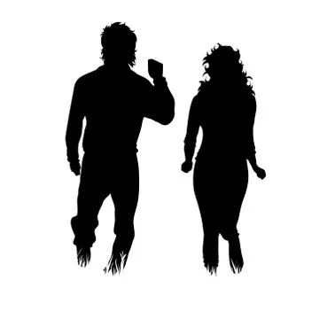 Vector silhouette of couple running in the grass on white background. Symbol  Ilustración de archivo