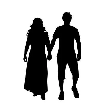 Vector silhouette of couple on white background. Symbol of pair, walk, wife,  Ilustração Stock