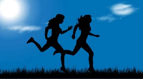 Vector silhouette of couple who run in nature. Ilustração Stock