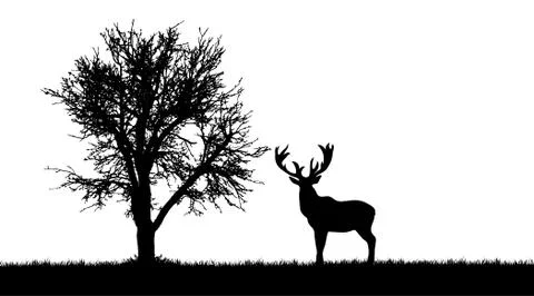 Vector silhouette of deer in forest on white background. Stock Illustration