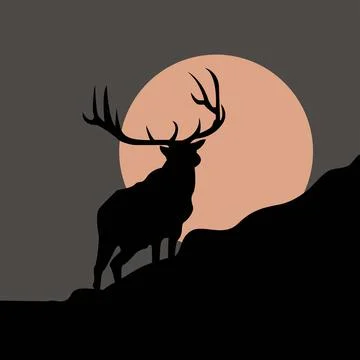Vector silhouette of deer on moon background. Symbol of night. Stock Illustration
