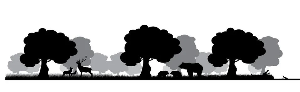 Vector silhouette of different animals in forest on white background. Symbol  Stock Illustration