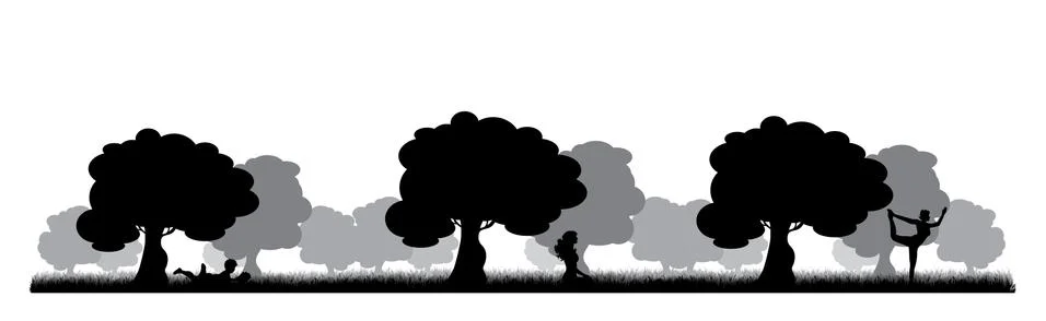 Vector silhouette of different people resting in park on white background. Sy Ilustración de archivo