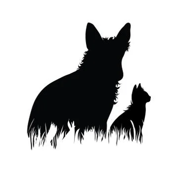 Vector silhouette of dog and cat in the grass on white background. Symbol of  Ilustración de archivo