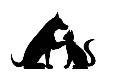 Vector silhouette of dog with cat on white background. Stock Illustration