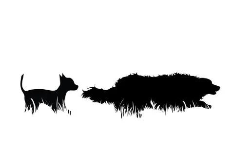 Vector silhouette of dogs in the grass on white background. Symbol of animal, Stock Illustration
