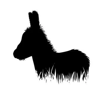 Vector silhouette of donkey in the grass on white background. Stock Illustration