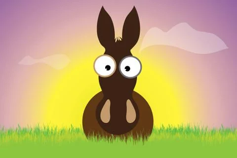 Vector silhouette of donkey staying in the grass at sunset. Symbol of animal. Stock Illustration
