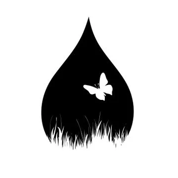 Vector silhouette of drop with grass and butterfly. Stock Illustration