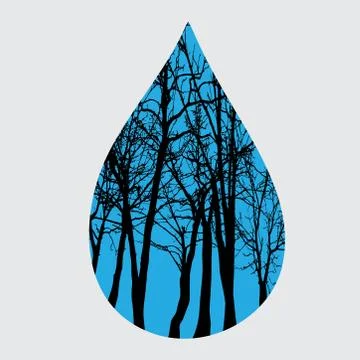 Vector silhouette of drop with trees on background. Symbol of forest and wate Stock Illustration