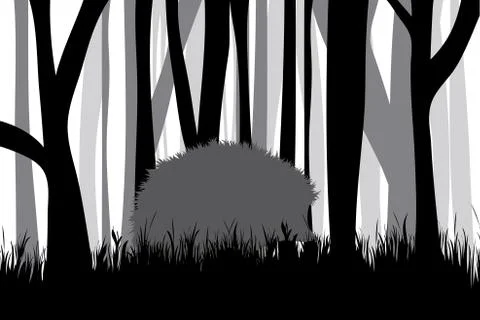 Vector silhouette of forest black and white with hedgehog. Symbol of animal a Stock Illustration