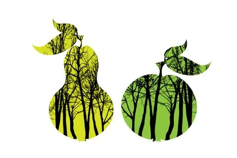 Vector silhouette of fruit with trees on background. Symbol of forest and foo Stock Illustration