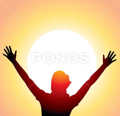 Vector silhouette of a girl with raised hands Stock Illustration
