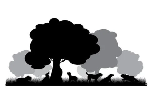 Vector silhouette group of dogs playing in park on white background. Symbol o Ilustração Stock