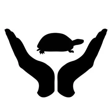 Vector silhouette of a hand in a defensive gesture protecting a turtle. Symbo Stock Illustration