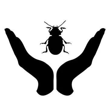 Vector silhouette of a hand in a defensive gesture protecting a beatle. Symbo Stock Illustration