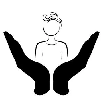Vector silhouette of a hand in a defensive gesture protecting a man. Symbol o Stock Illustration