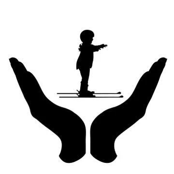 Vector silhouette of a hand in a protection gesture protecting a skiing child Stock Illustration