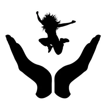 Vector silhouette of a hand in a protection gesture protecting a jumping girl Stock Illustration
