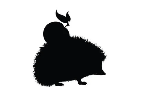 Vector silhouette of hedgehog with apple in the grass on white background. Sy Stock Illustration