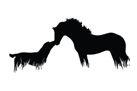 Vector silhouette of horse with dog in the grass on white background. Symbol  Stock Illustration