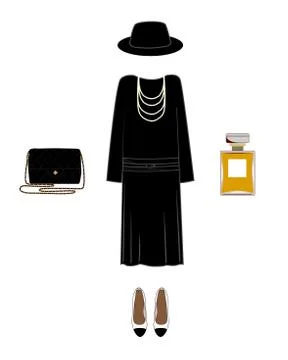 Vector silhouette of a lady classic image. Dress, shoes, hat, bag, and perfum Stock Illustration