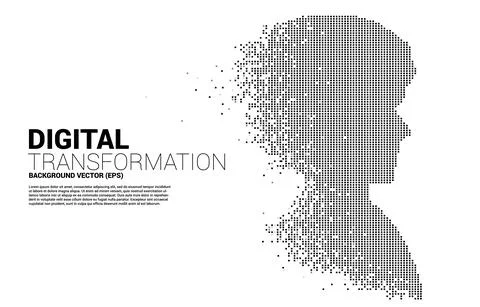 Vector silhouette of man head from pixel transformation . Concept background  Stock Illustration