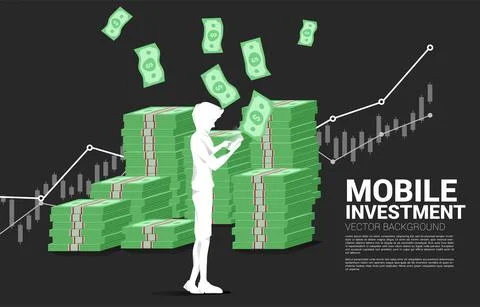 Vector silhouette man with mobile phone and stack of bank note. Concept of su Illustrazione stock