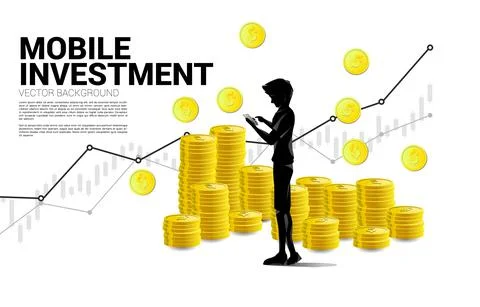 Vector silhouette man with mobile phone and stack of dollar coin. Concept of  Stock Illustration