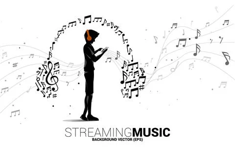 Vector silhouette man with mobile phone and headphone from music melody note  Stock Illustration