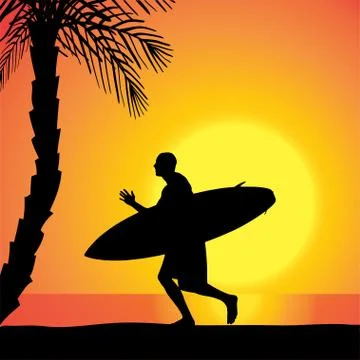 Vector silhouette of a man with a surfboard. Stock Illustration