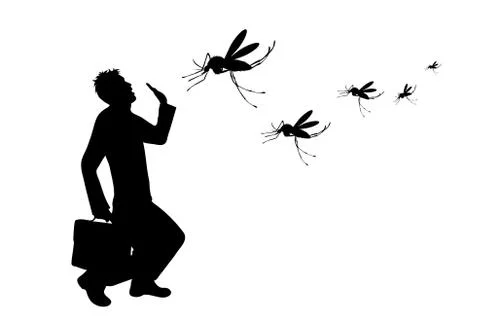Vector silhouette of man who crying to mosquito on white background. Symbol o Stock Illustration