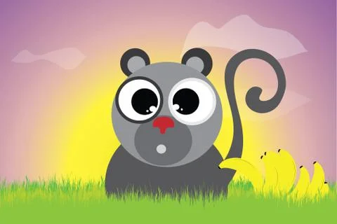 Vector silhouette of monkey sitting in the grass at sunset. Symbol of animal. Stock Illustration