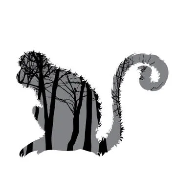 Vector silhouette of monkey with trees on background. Symbol of forest. Stockillustratie