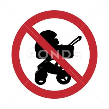Vector silhouette no entry with pram on white background. Symbol of stroller, Stock Illustrationen