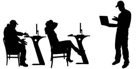 Vector silhouette of a people with a computer. 스톡 일러스트
