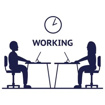 Vector silhouette of a people sitting at a computer on a white background. Icon Stock Illustration
