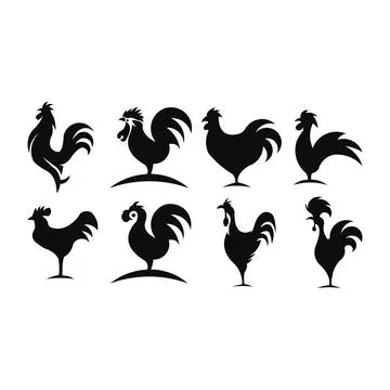 Vector silhouette of rooster on white background set Stock Illustration