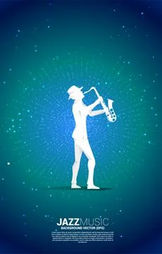 Vector silhouette of saxophonist with dot splash background . Concept backgro Stock Illustration