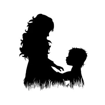 Vector silhouette of siblings in the grass on white background. Symbol of gir Stock Illustration
