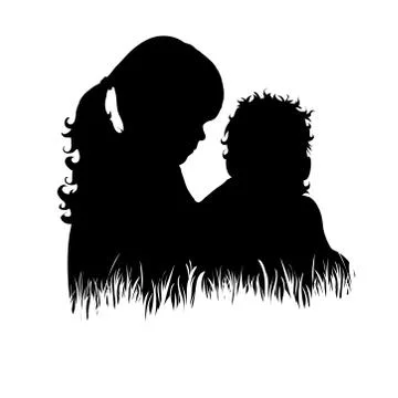 Vector silhouette of siblings in the grass on white background. Symbol of gir Ilustración de archivo