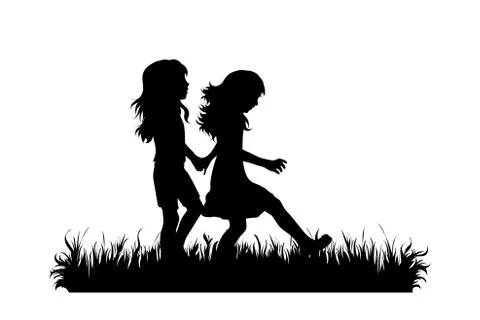 Vector silhouette of siblings walking in the grass on white background. Symbo Stock Illustration