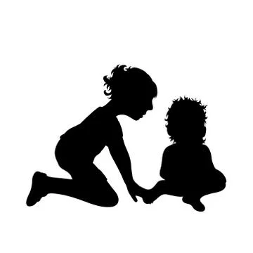 Vector silhouette of siblings on white background. Symbol of child, girl,todd Stock Illustration