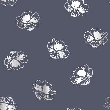 Vector Silhouette Silver Flowers on Dark seamless pattern background. Perfect Stock Illustration