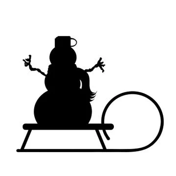 Vector silhouette of snowman with sled. Stock Illustration