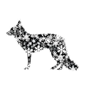 Vector silhouette of snowy fox on white background. Symbol of winter, animal, Stock Illustration