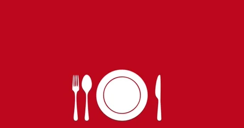 Vector silhouette spoon, plate and knife isolated red background Stock Footage 340516171