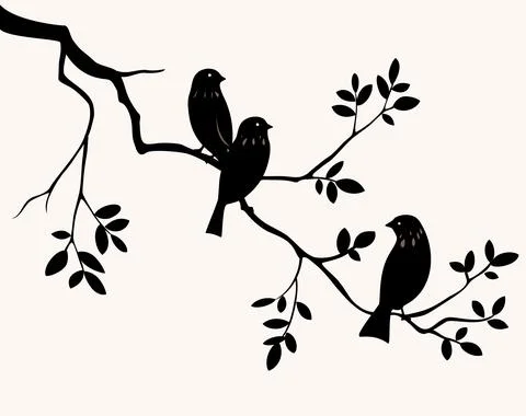 Vector silhouette of spring birds sitting on twig of tree. 스톡 일러스트
